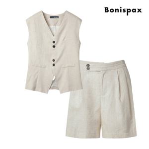 [보니스팍스(여성의류)]린넨 투 버튼 숏 팬츠 베스트 셋업 (XP4OP024M0)