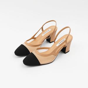 [신난다슈] 여성 슬링백 샌들 힐 6cm 뮬 샌들 망사 발편한 통굽 투톤 배색 SKE256038 베이지