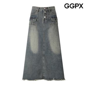 [지지피엑스]프린지 맥시 데님 하이웨스트 스커트 GPBSK012F