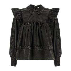 가니 블랙 워시드 프릴 숄더 코튼 블라우스 A1040061 099