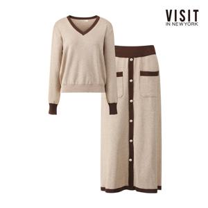 비지트인뉴욕  배색 라인 V넥 니트 앤 스커트 투피스 (V61ST01)