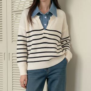 [올리비에스클로젯]레이어드 데님카라 단가라 니트_O2601KN003A