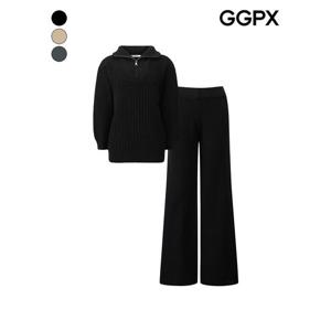 [GGPX]지퍼넥 골지 퍼프 니트 앤 팬츠 투피스 (GQ1ST006F)