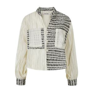 [포커스]오픈 넥 트위드 배색 레이스 블라우스  PBVFF6S1BL5051