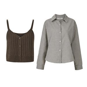 [포커스][2SET] 니트 뷔스티에+세미 크롭 체크 블라우스 PBVFF6S1BL5001