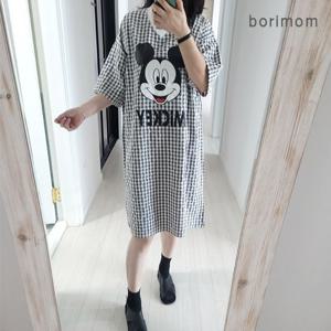 [보리맘]체크 미키 수유 원피스 수유복 숨김 수유구 모유수유옷 임부복 잠옷 ID386