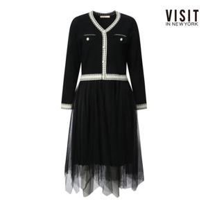 [비지트인뉴욕]배색 프릴 믹스 롱 원피스 (V59OP01)