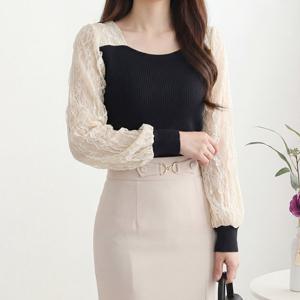 [모리스커밍홈] 배색 레이스 하트넥 블라우스_M2601BL012A