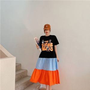 프린팅 루즈핏 S35175 배색치마 롱원피스 반팔원피스