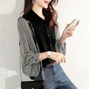 쉬폰 LF26300 얇은 소매 블라우스 줄무늬 셔츠 카라