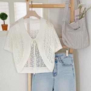[샵앤]빗살 여성 볼레로 펀칭 반팔 니트 가디건 DGB-WCD-2374-아