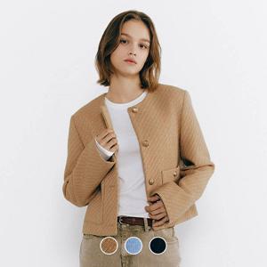 [지오다노]여자 자켓 라운드넥 싱글 버튼 트위드 숏 재킷 375504