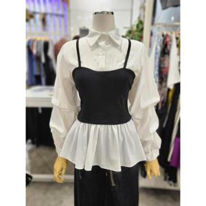 밸리걸 세이브존01 니트 뷔스티에 배색 카라넥 긴팔  블라우스 610420