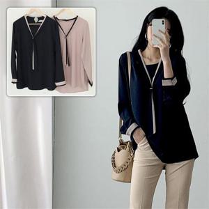 [시드마켓]배색 리본 타이 블라우스 110C762S 빅사이즈 여성 (75