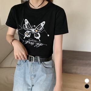 [리빌모아]여자 나비프린팅 크롭 반팔 티셔츠 SDW-TSH-LM0429