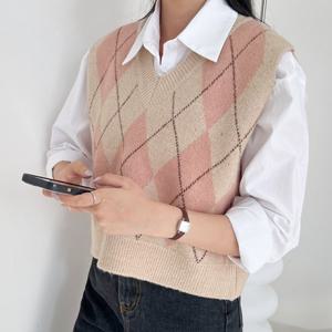 [리빌모아]여자 포근 아가일 브이 니트 조끼 DJW-VEA-SCAT1074-