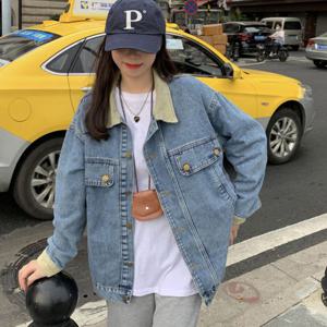 [리빌모아]여자 버튼 오버핏 배색 카라 청자켓 DMSW-JKA-SCC872-