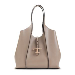 토즈 클레이 베이지 가죽 T 타임리스 미디엄 쇼퍼백 XBWTSBA030