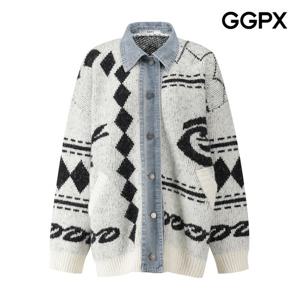 [지지피엑스]데님 카라 배색 패턴 짜임 가디건 GPBKG035F
