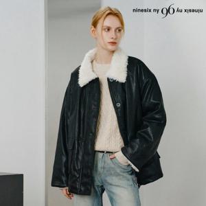 [나인식스뉴욕]카라 소매 양털 하프 집업 레더 자켓 (NP4JK022L0)