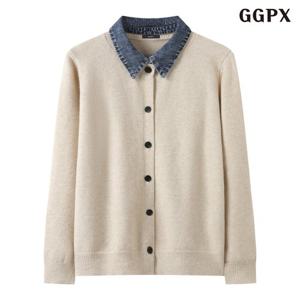 [GGPX]꽈배기 카라넥 데님 배색 니트 가디건 (GQACK005D)