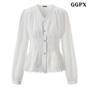 [GGPX]데일리 레이스 배색 V넥 셔링 블라우스 (GQABA001D)