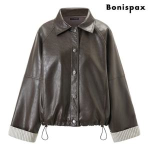 [보니스팍스]빈티지 소매 스트라이프 배색 레더 자켓 (XQ1JK001L0)