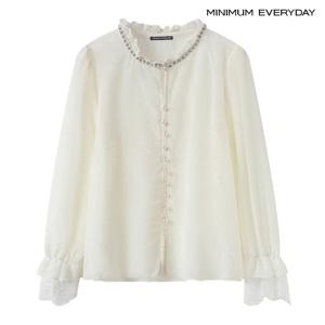 [미니멈][미니멈 에브리데이]프릴 진주 넥 샤인 레이스 배색 블라우스 (EC1BA004D)