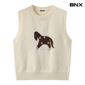[BNX]홀스 자수 라운드 니트 베스트 (BY1VT001L0)