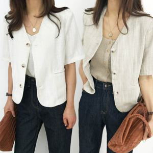 [샵앤][샵앤] 여성 여름 노카라 코튼 반팔 자켓 WLD-WJK-LD1353