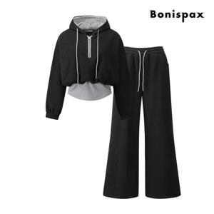 [보니스팍스(여성의류)]기모 후드 티셔츠 앤 밴딩 와이드 팬츠 셋업 XQ1ST002M0