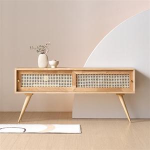 우아미가구 에엔 고무나무 원목 슬라이딩 라탄 거실장 1200