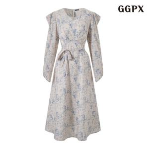 [GGPX]러블리 플라워 패턴 숄 패드 플레어 롱 원피스 (GQAOW007D)