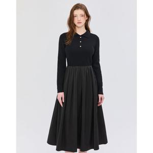 질스튜어트 뉴욕 여성 24FW 블랙 니트 배색 울혼방 롱 플레어 원피스 JSDR4D630BK