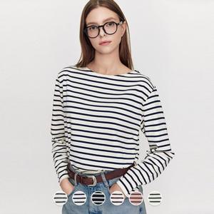 [지오다노]여성 가을 간절기 레귤러핏 보트넥 스트라이프 긴팔 면 티셔츠 325904