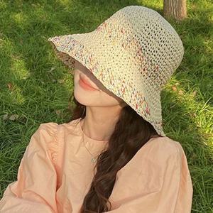 여성 여름 왕골 밀짚 벙거지 버킷햇 모자 크림