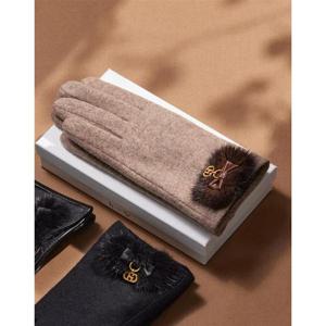 [선물포장][여성장갑] 베이지 로고장식 밍크배색 울 장갑 HIGV5F031I2