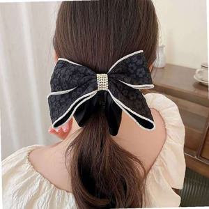 블랙 아이보리 배색 포인트 여성 리본 진주 바나나핀