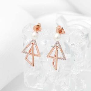 14K 금침 큐빅 진주 더블트라이 일자침 드롭 귀걸이