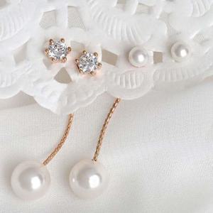 14K 골드필드 핀 큐빅 진주 롱 드롭 뒷마개 세트 귀걸이