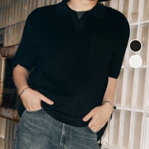 [버커루]남성 오픈카라 포켓 반팔 풀오버 니트 B242KT330P