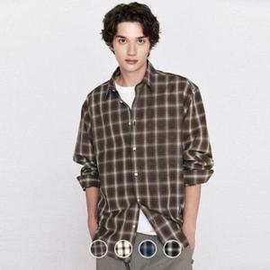 지오다노 045911 남성 가을 간절기 오버핏 코튼 면 포플린 긴팔 체크 셔츠 01045911