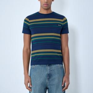 26 SS 미우미우 로고 패치 멀티 스트라이프 숏슬리브 티셔츠 멀티블루 MJNA09 18ZV F0V9D