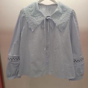 Latium HC06 봄느낌 자수펀칭카라 리본 배색 퍼프 카라 면셔츠블라우스 T2613bl03LB