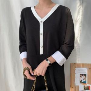 빅사이즈미시옷 배색 브이 307O446S 스판 의류 빅사이즈 원피스