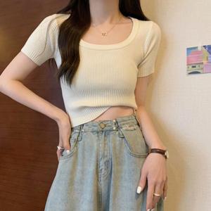 [리빌모아]여자 크롭 골지 반팔 니트 티셔츠 JSW-KNH-SP0000CJX-