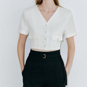 진주 단추 노카라 반팔 숏 브이넥 크롭 자켓 룩 코디