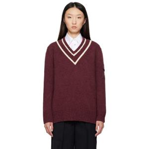 25 FW 몽클레어 여성 버건디 브이넥 스웨터 252111F100000