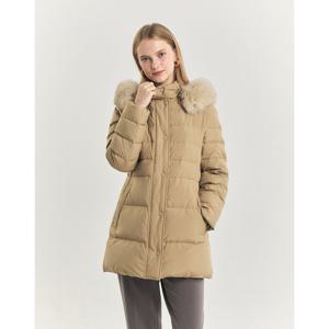 헤지스 여성 24FW 가격인하스테디셀러폭스FUR구스다운 베이지 탈착 후드 하프 헤비다운 점퍼 WSJU4DC01I2