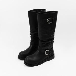 [신난다슈] 여성 미들부츠 3cm 하프 워커 바이커 미디 부츠 버클 발편한 통굽 LM25784 블랙